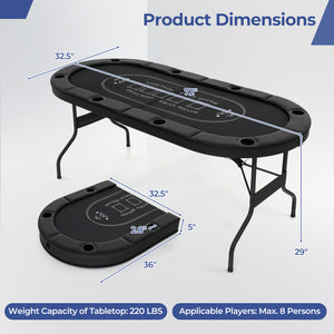 72 Inch Foldable Poker Table for 8 Players Portable Oval Card Board Game Table