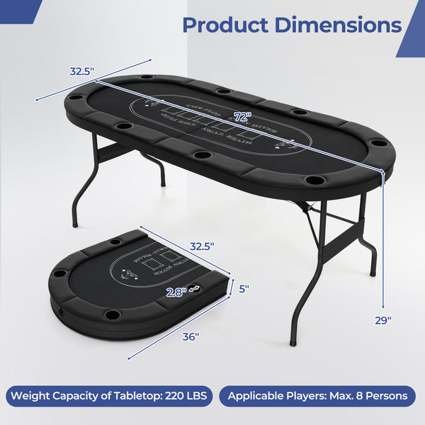 72 Inch Foldable Poker Table for 8 Players Portable Oval Card Board Game Table