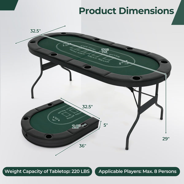 72 Inch Foldable Poker Table for 8 Players Portable Oval Card Board Game Table