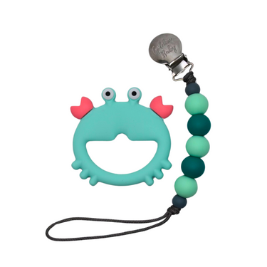 Teal crab teether set for babies, perfect for soothing gums and promoting sensory play.