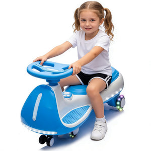 12V Electric Wiggle Ride On Car with dual motors and LED lights, shown from angle 3, perfect for adventurous toddlers.