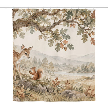 Oak Tree Fawn shower curtain, full front view of the 71 x 74 in fabric curtain