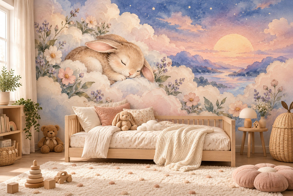 Watercolor Cloud Bunny Wall Mural, image 1