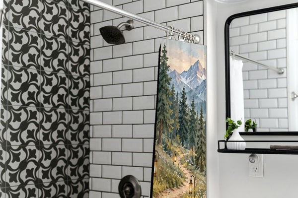 Mountain Camp Camping shower curtain in a modern farmhouse bathroom with subway tile