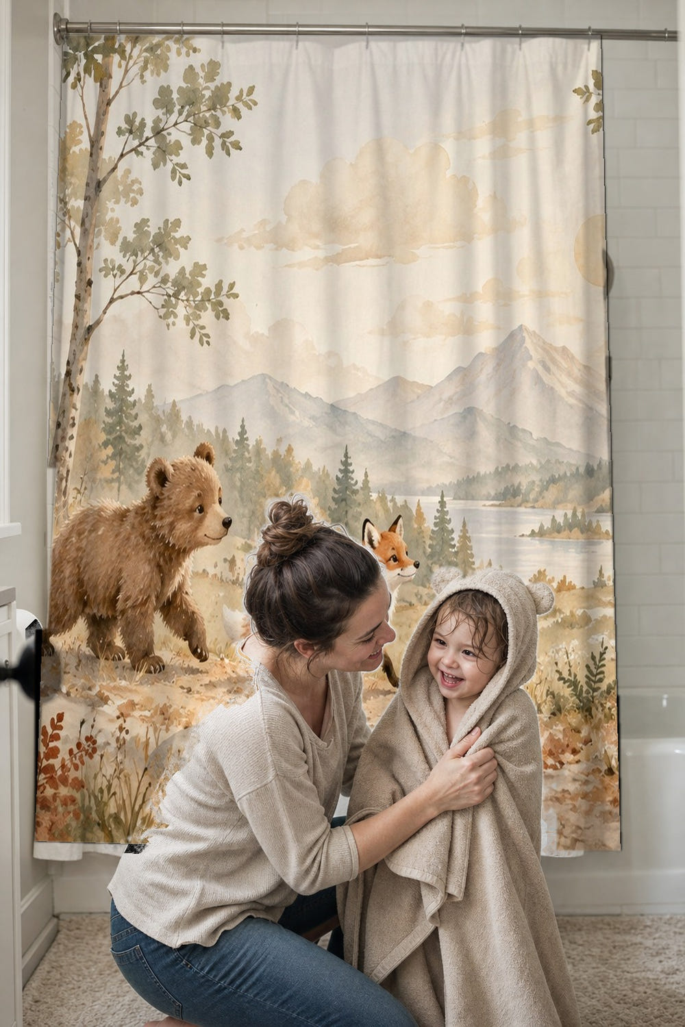 Bear and Fox Walk shower curtain, full front view of the 71 x 74 in fabric curtain