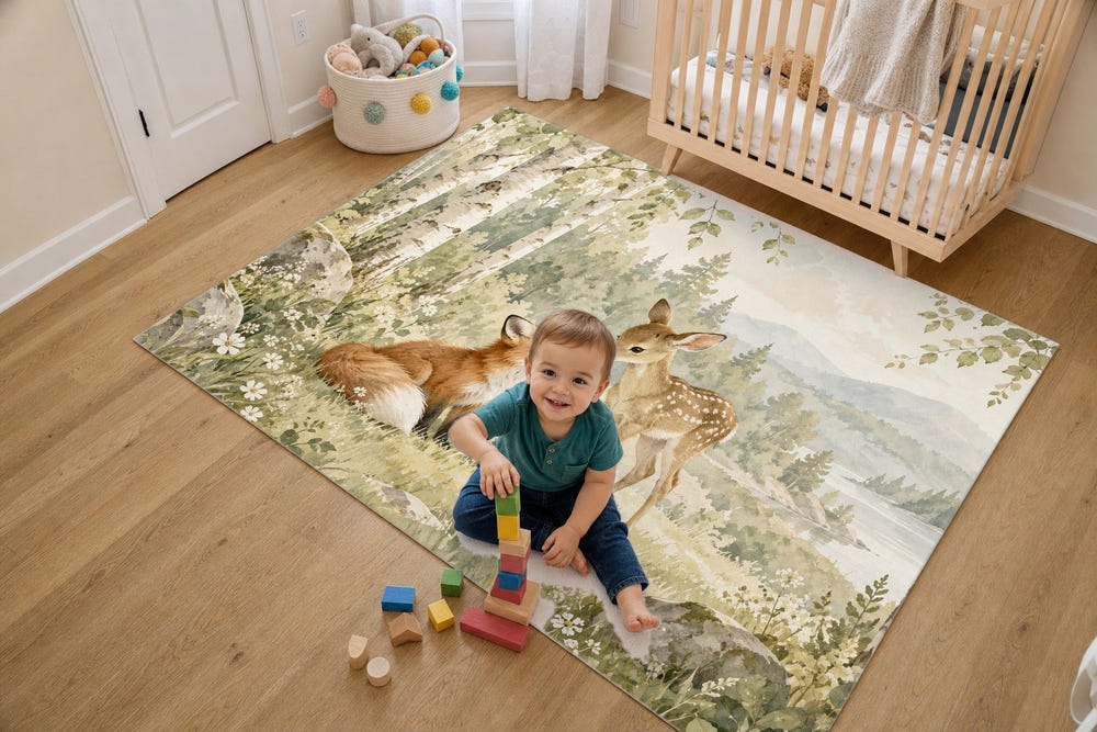 Fox and Fawn kids rug, full view of the printed design