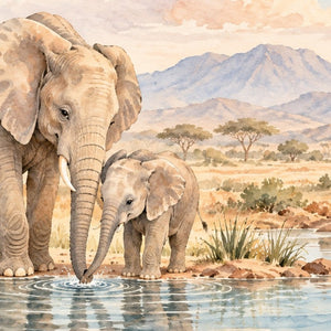 Elephant Family Safari kids rug, close up of the watercolor artwork