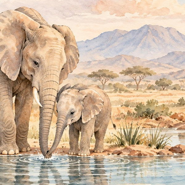 Elephant Family Safari kids rug, close up of the watercolor artwork
