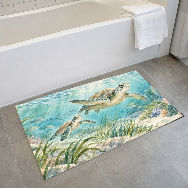 Sea Turtles Ocean bath mat on the floor in front of the tub