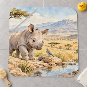 Baby Rhino Safari kids hooded bath towel laid flat