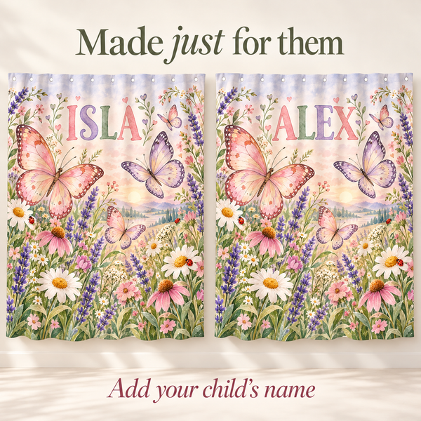 Add your child's name to the Butterfly Meadow shower curtain