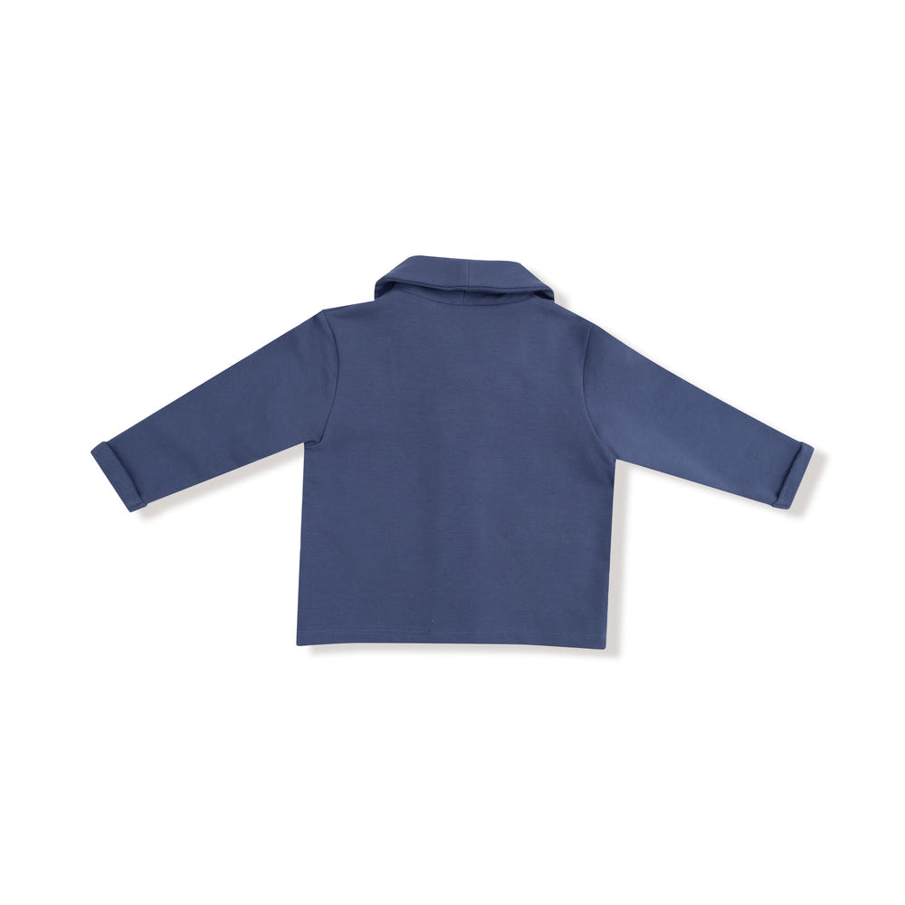 Vintage indigo shawl neck jacket for babies, stylish and cozy outerwear for little ones.