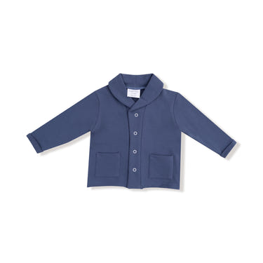 Vintage indigo shawl neck jacket for babies, stylish and cozy outerwear for little ones.