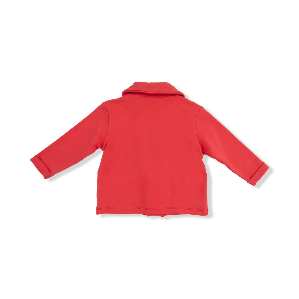 Varsity red shawl neck jacket for babies, stylish and cozy outerwear for little ones.