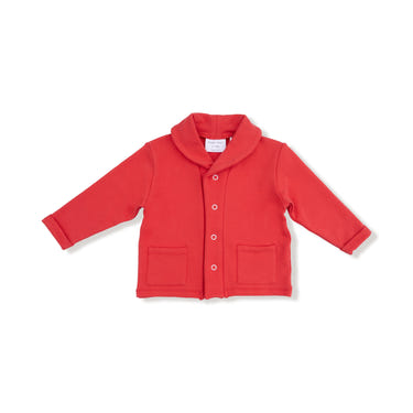Varsity red shawl neck jacket for babies, stylish and cozy outerwear for little ones.