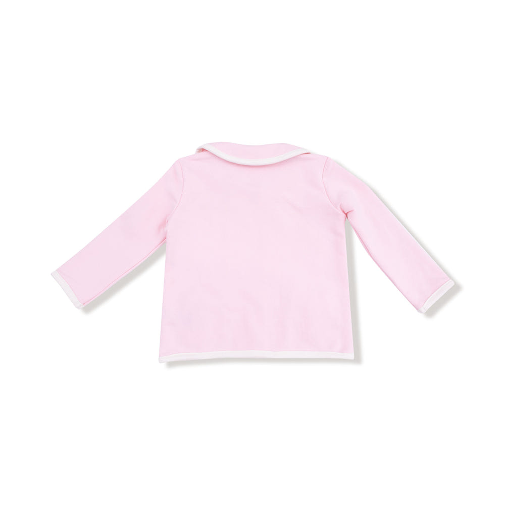 Varsity pink tweed style jacket with bow pockets for babies, perfect for stylish warmth.