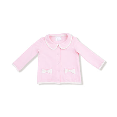 Varsity pink tweed style jacket with bow pockets for babies, perfect for stylish warmth.