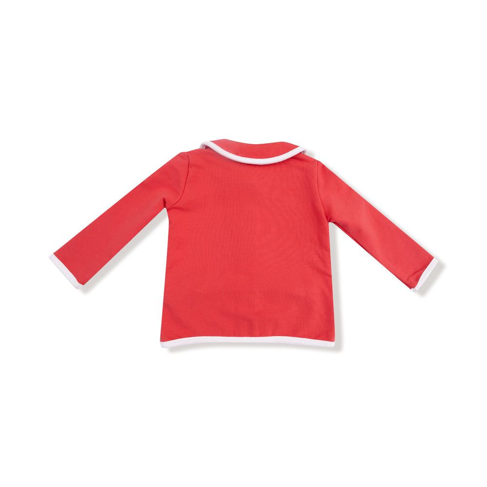 Varsity red tweed jacket with bow pockets for babies, stylish and cozy outerwear for little ones.