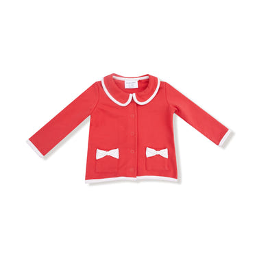 Varsity red tweed jacket with bow pockets for babies, stylish and cozy outerwear for little ones.