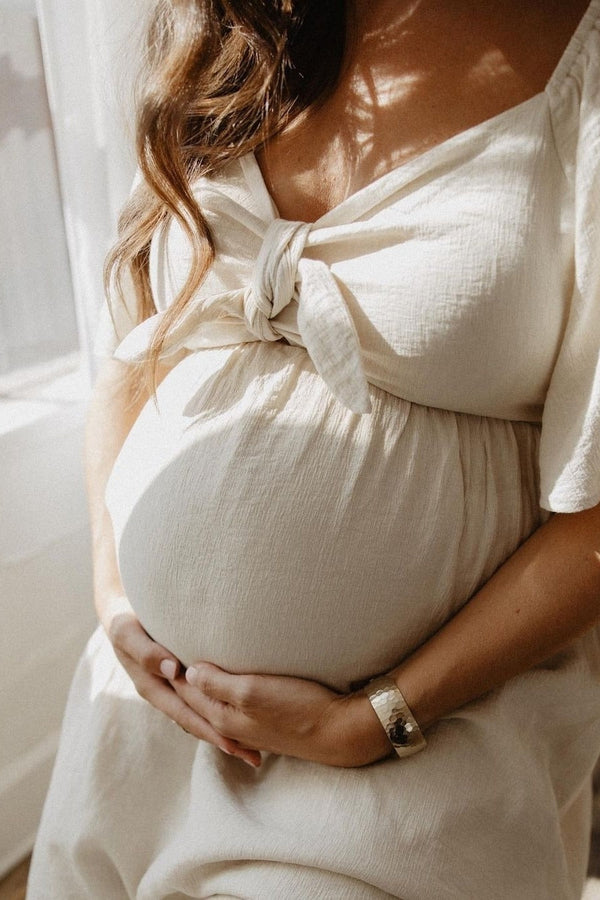 Beige Front Tie Ruffle Sleeve Maternity Midi Dress