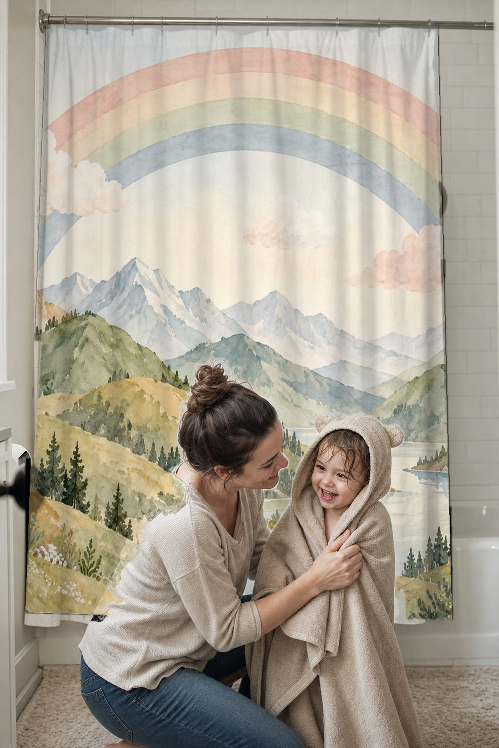 Golden Valley Rainbow shower curtain, full front view of the 71 x 74 in fabric curtain