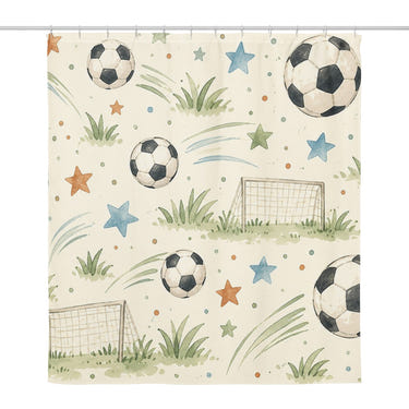 Soccer Pattern shower curtain, full front view of the 71 x 74 in fabric curtain