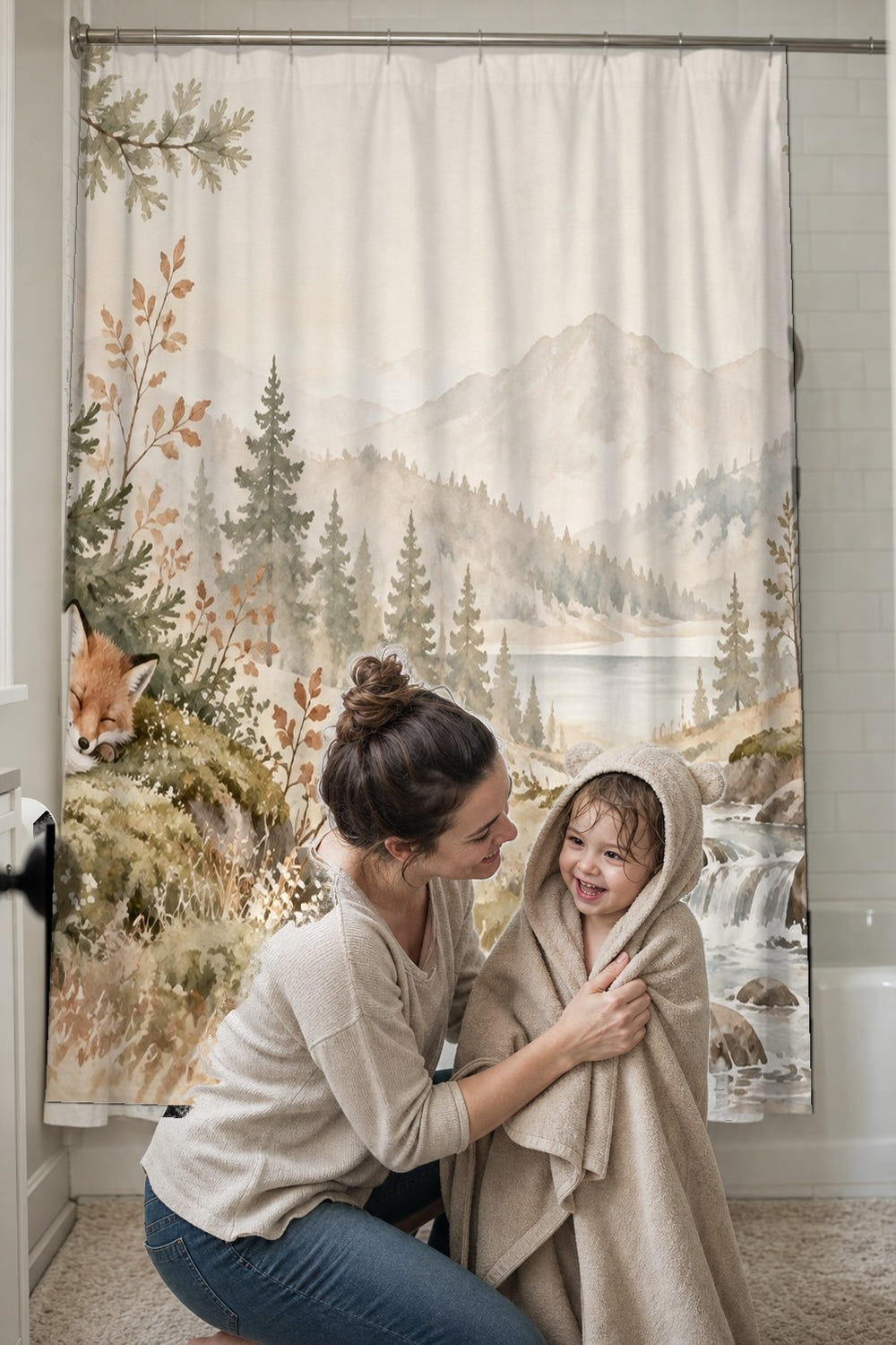 Sleeping Fox shower curtain, full front view of the 71 x 74 in fabric curtain