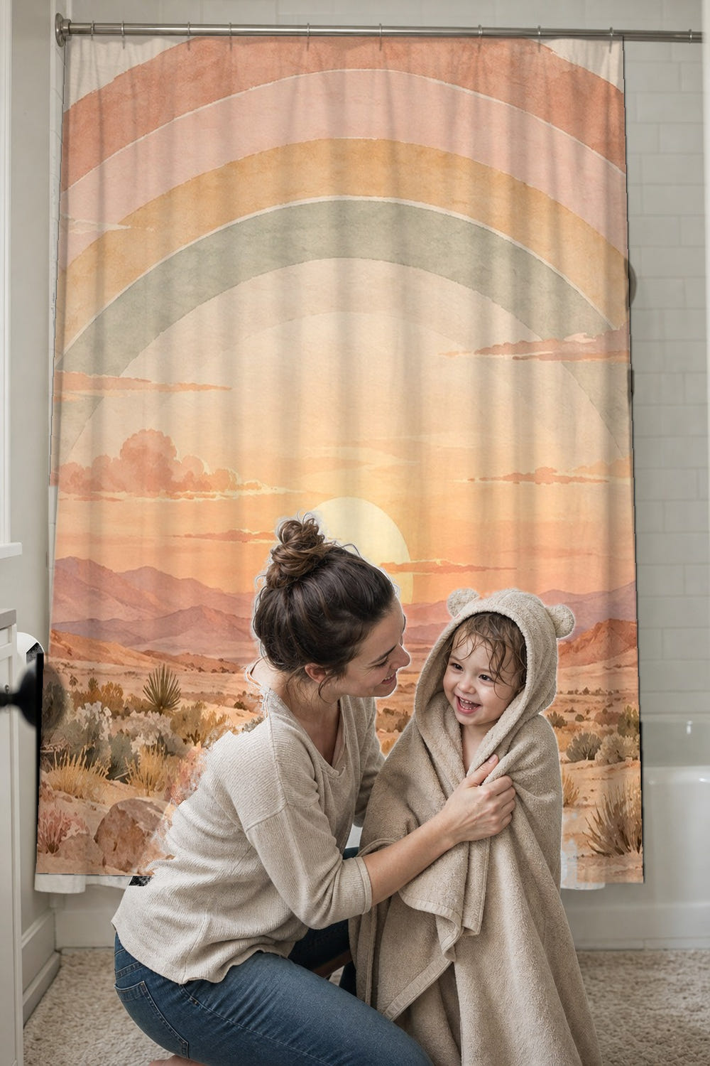 Desert Sunset Rainbow shower curtain, full front view of the 71 x 74 in fabric curtain
