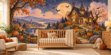 Watercolor Storybook Cottage Halloween Wall Mural, image 1