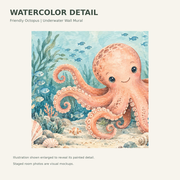 Watercolor Friendly Octopus Ocean Wall Mural, image 4