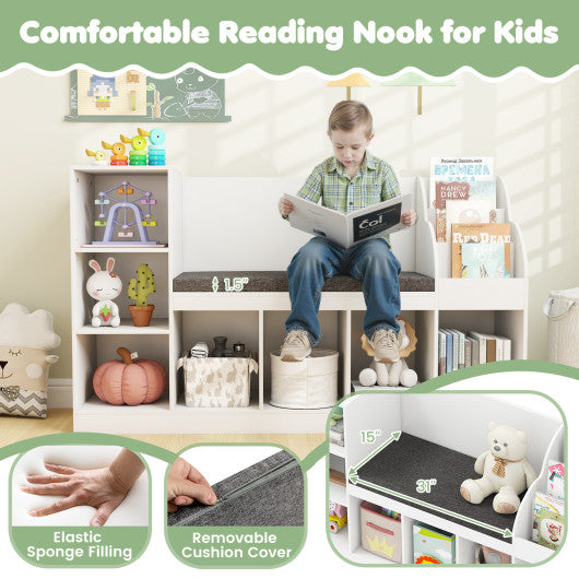 Kids Bookcase with Reading Nook 3-in-1 Standing Toy Organizer-White