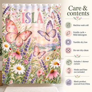 Care and contents of the Butterfly Meadow personalized kids shower curtain