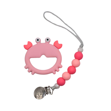 Pink crab teether set for babies, perfect for soothing gums and playful teething relief.