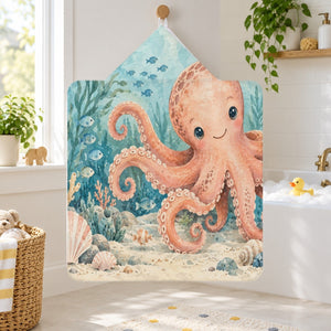 Friendly Octopus Ocean kids hooded bath towel hanging in a kids bathroom
