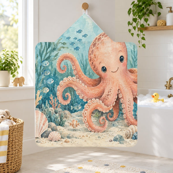 Friendly Octopus Ocean kids hooded bath towel hanging in a kids bathroom