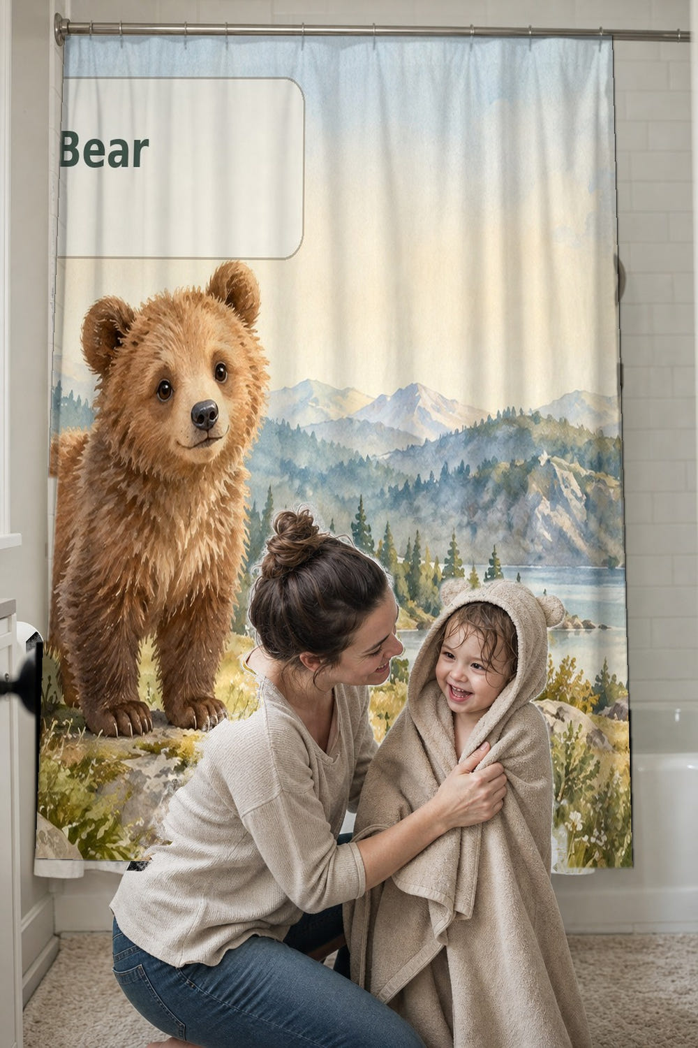 B is for Bear Alphabet shower curtain, full front view of the 71 x 74 in fabric curtain