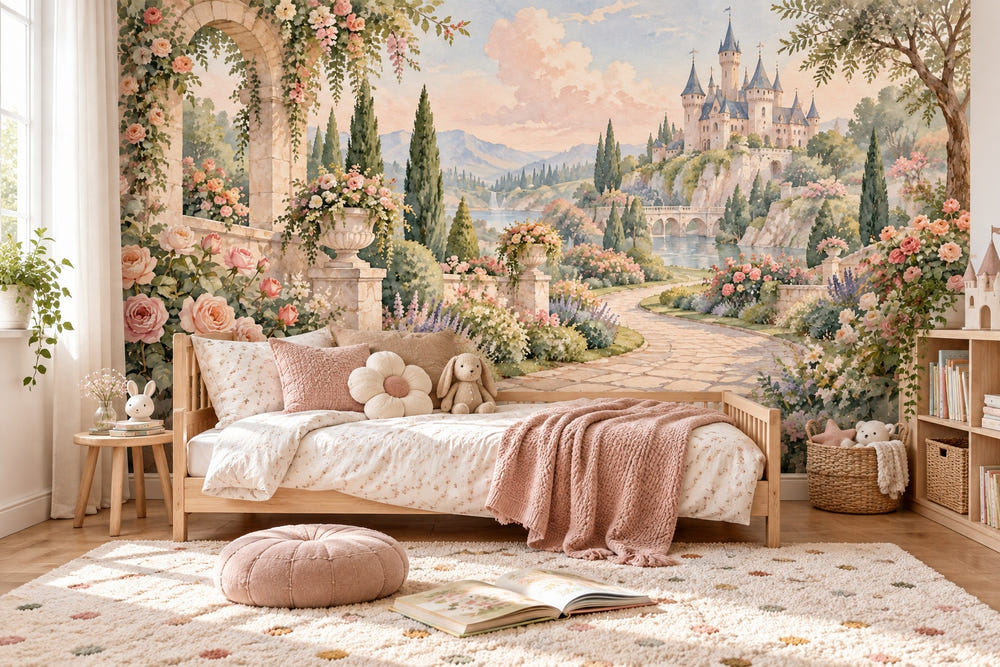 Watercolor Castle Garden Fairy Tale Wall Mural, image 1