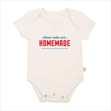 Graphic bodysuit for babies with "these rolls are homemade" design, perfect for stylish and comfy wear.