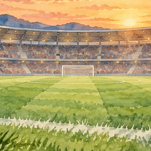 Stadium Sunset Soccer shower curtain, close up of the watercolor artwork