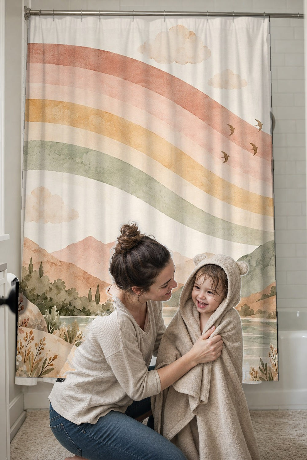 Wavy Rainbow Lake shower curtain, full front view of the 71 x 74 in fabric curtain