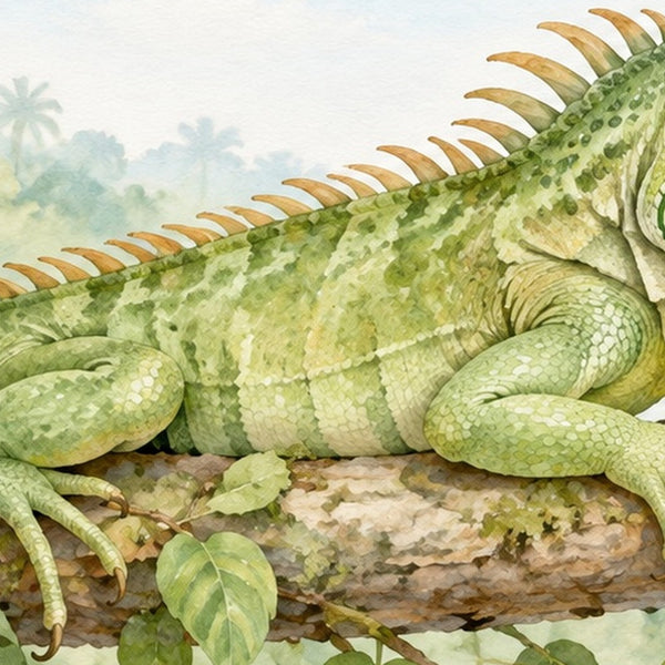 I is for Iguana Alphabet shower curtain, close up of the watercolor artwork