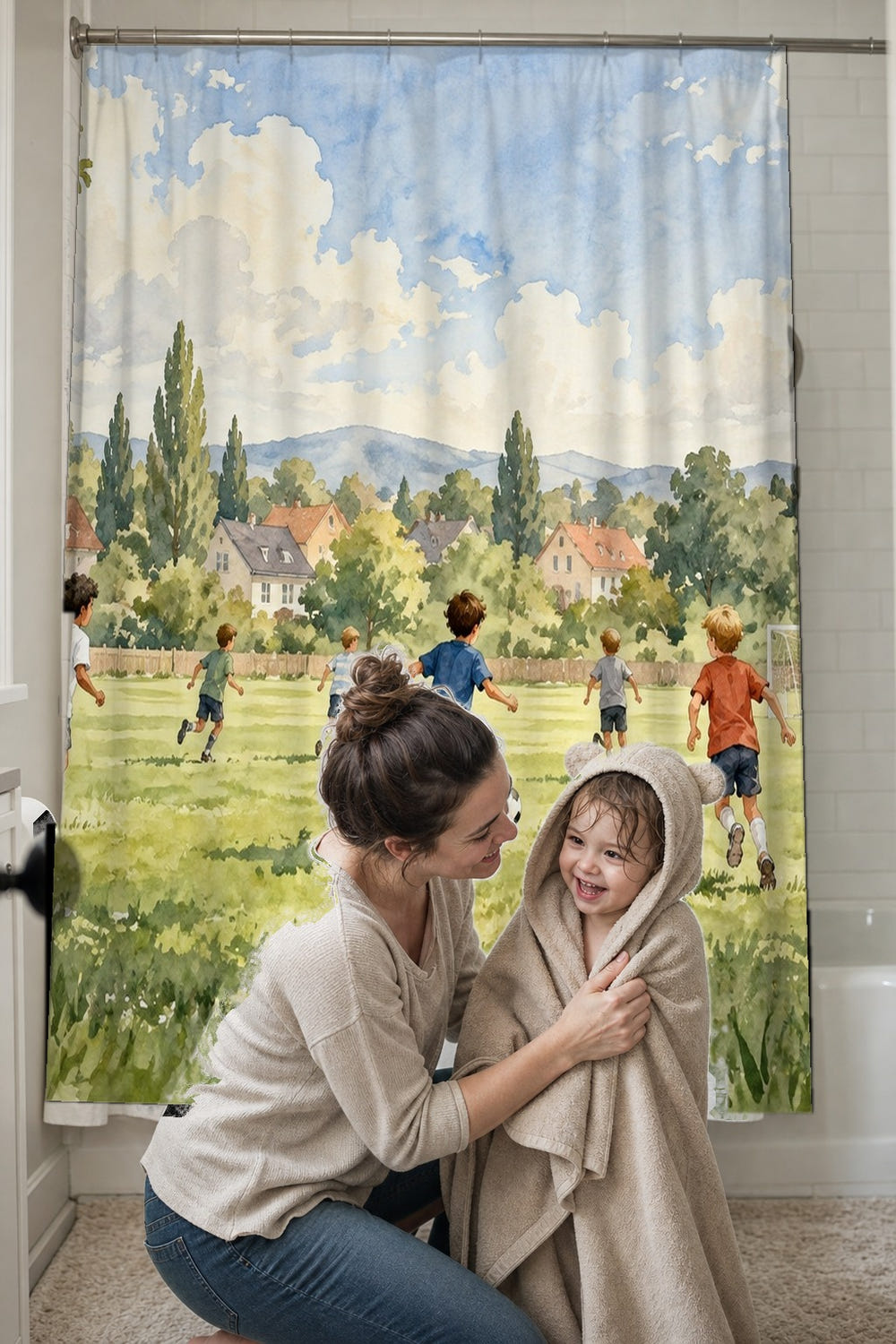 Kids Playing Soccer shower curtain, full front view of the 71 x 74 in fabric curtain