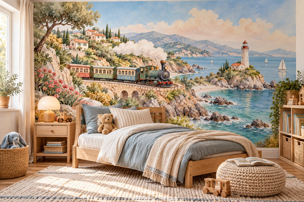 Watercolor Coastal Train Wall Mural, image 2