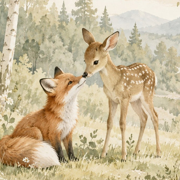 Fox and Fawn kids bath mat, close up of the watercolor artwork