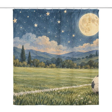 Moonlit Match Soccer shower curtain, full front view of the 71 x 74 in fabric curtain