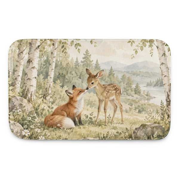 Fox and Fawn kids bath mat, full view of the printed design