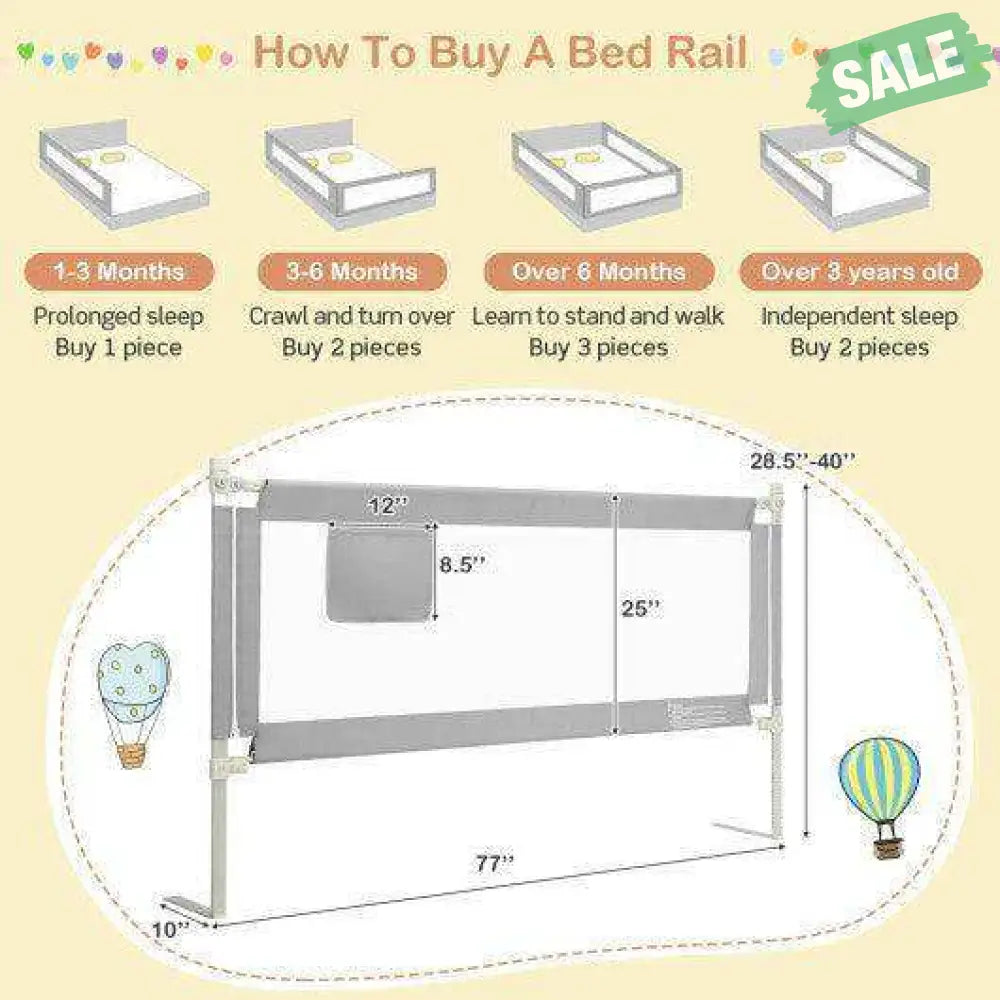 76.8 Inch Baby Bed Rail with Double Safety Child Lock-Gray Bed Rails