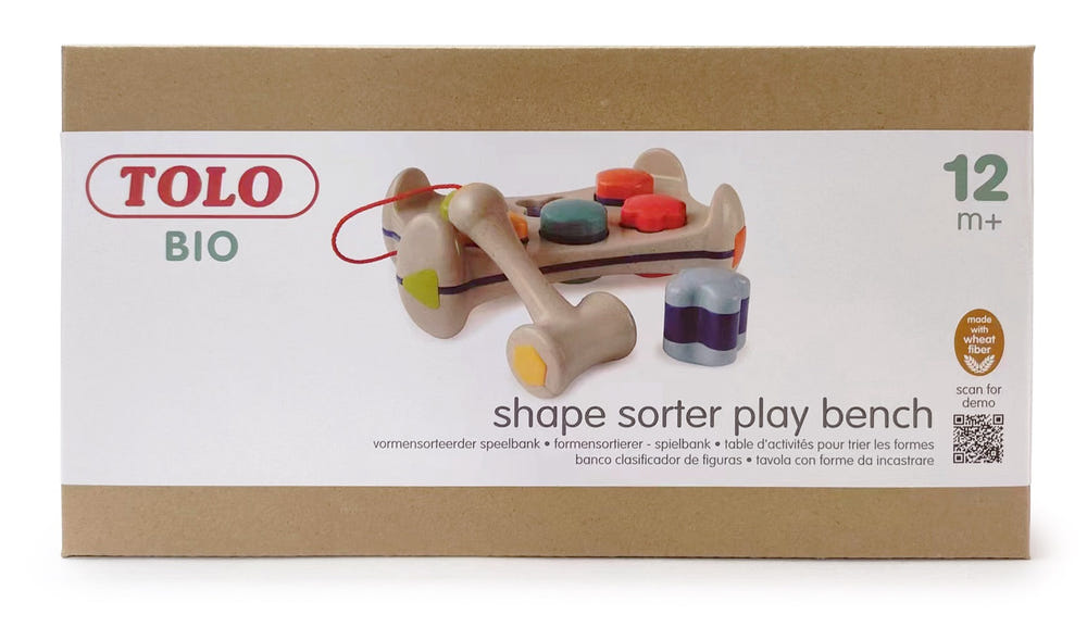 Shape Sorter Play Bench by TOLO - colorful early learning toy for babies to enhance shape recognition and motor skills.