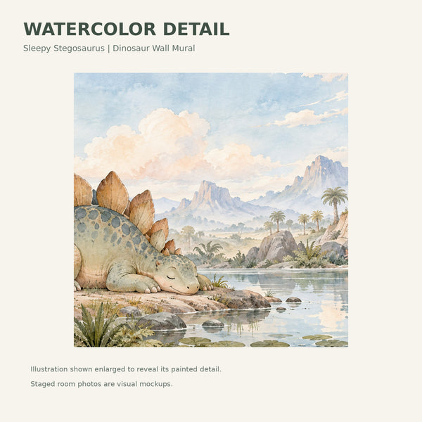Watercolor Sleepy Stegosaurus Dinosaur Wall Mural, image 4