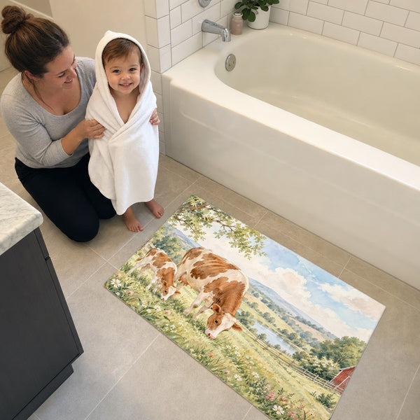 Toddler in a hooded towel stepping onto the Cow and Calf Farm bath mat